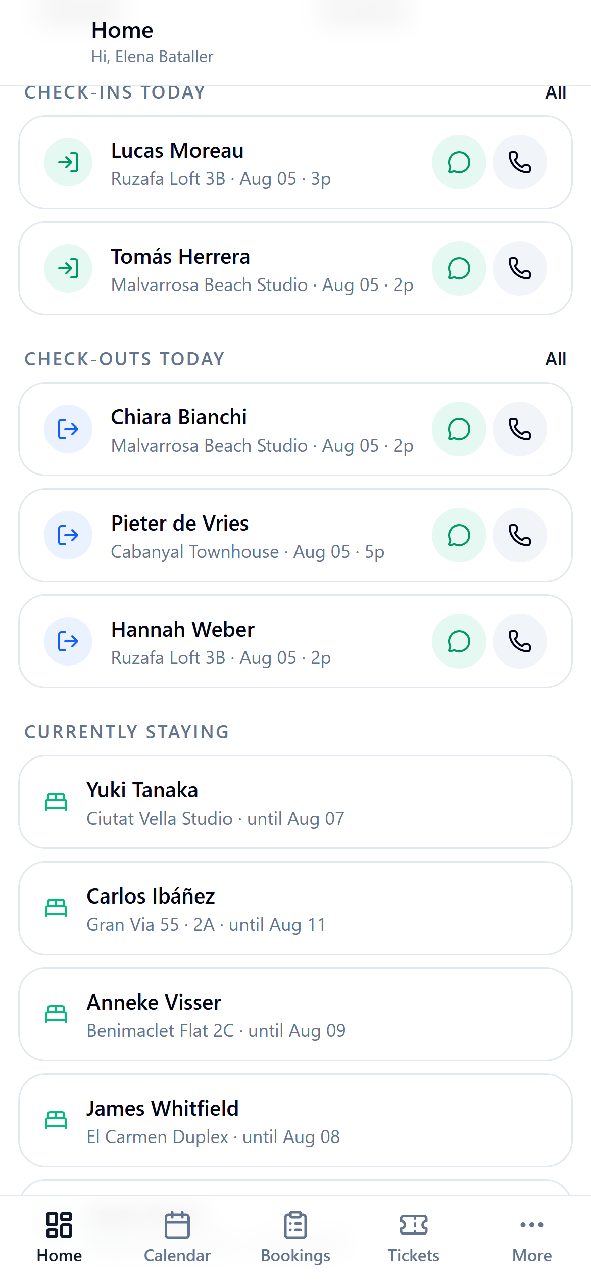 CortoCasa on a phone: today's check-ins and check-outs, guests currently staying and active tickets on one home screen