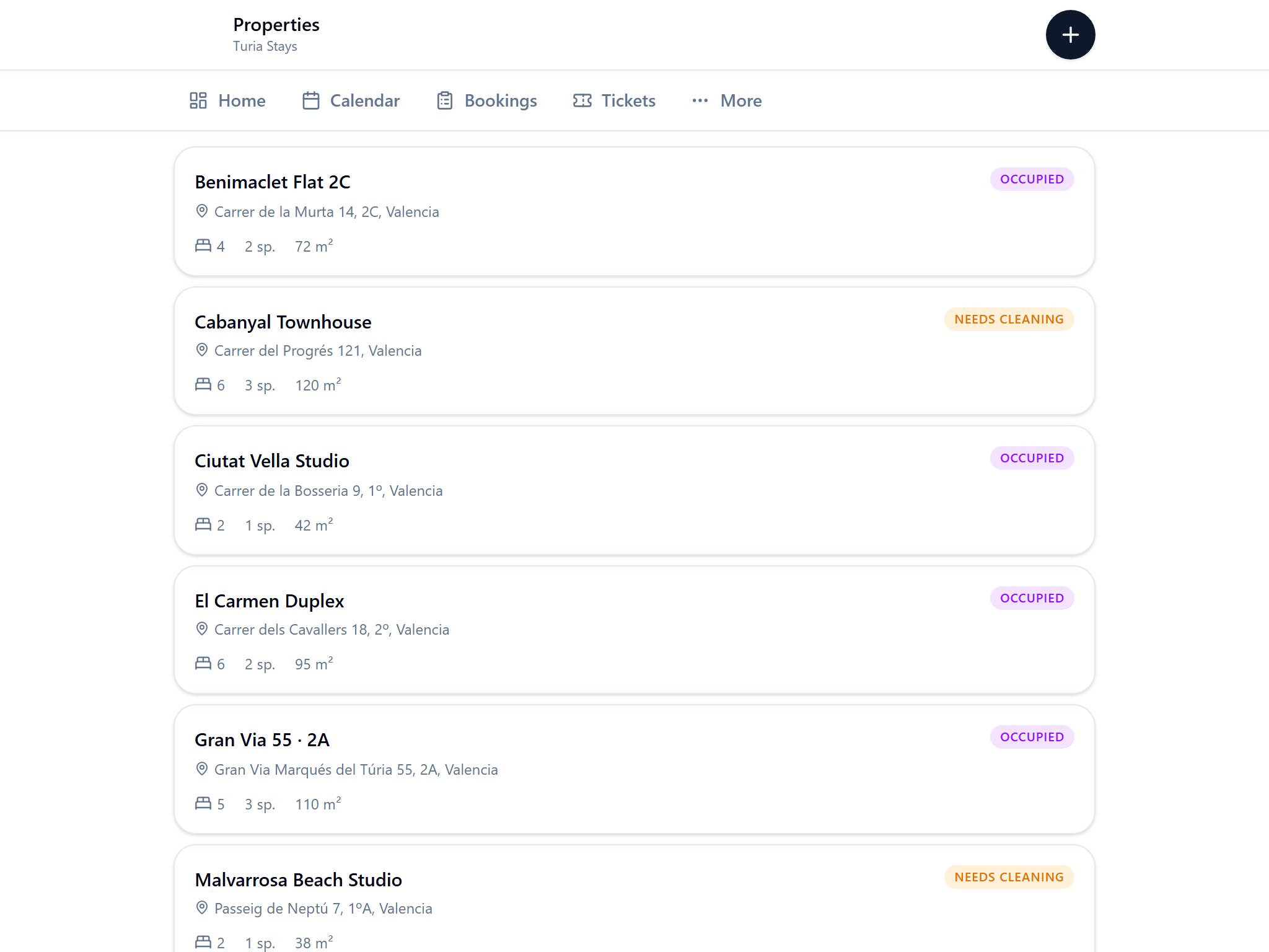 Property list in CortoCasa with live ready-state badges — needs cleaning, occupied, ready — computed from bookings and open tickets