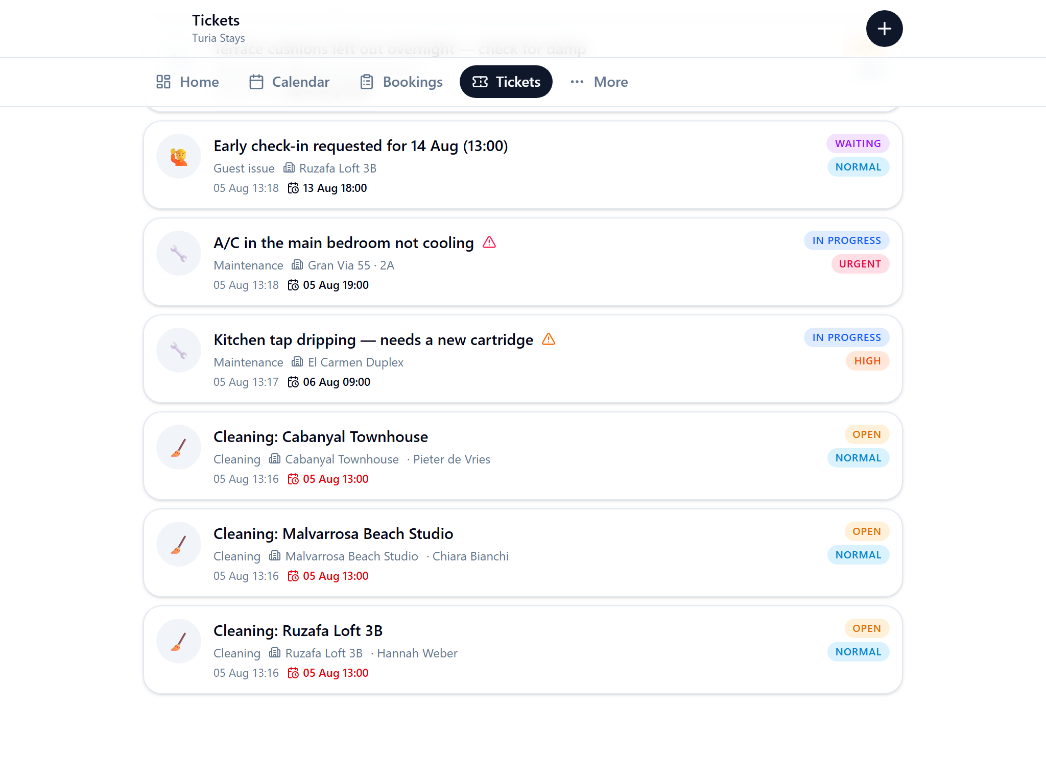 Ticket board in CortoCasa with cleaning tickets the app created automatically at check-out, alongside maintenance and guest issues